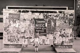 Dziewczynka stojąca pod tablicą ogłoszeń
