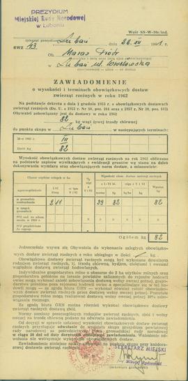 Zawiadomienie o wysokości i terminach obowiązkowych dostaw zwierząt rzeźnych w roku 1962