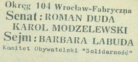 Okręg 104 Wrocław-Fabryczna. Senat: Roman Duda, Karol Modzelewski, Sejm: Barbara Labuda