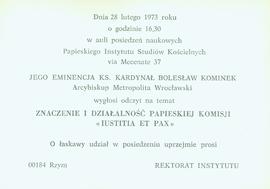 Znaczenie i działalność papieskiej Komisji Iustitia et Pax: odczyt ks. kard. Bolesława Kominka