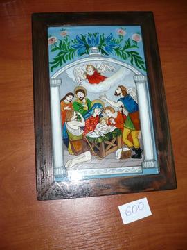 Obraz na szkle w drewnianej ramie  przedstawiający  Boże Narodzenie
