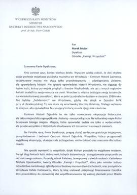 List gratulacyjny Ministra Kultury i Dziedzictwa Narodowego