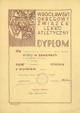 Dyplom dla Antczaka Henryka A.Z.S. Wrocław który w zawodach o Mistrzostwo W.O.Z.L.A. w trójskoku ...