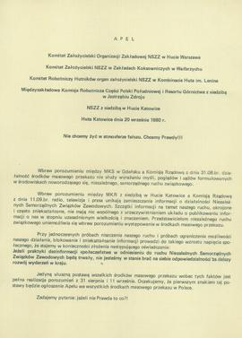 Apel hutników zrzeszonych w NSZZ domagający się pełnej realizacji porozumień z 31 sierpnia i 11 w...