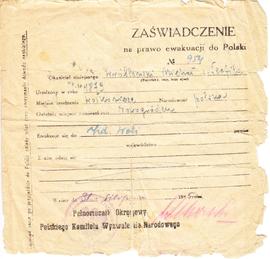 Zbiory Stanisława Wróblewskiego - Zaświadczenie na prawo ewakuacji do Polski