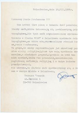 Pismo z bolesławickiego oddziału Stowarzyszenia PAX