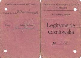 Legitymacja uczniowska No 118 Państwowego Gimnazjum i Liceum w Kłodzku na rok szkolny 1945/1946