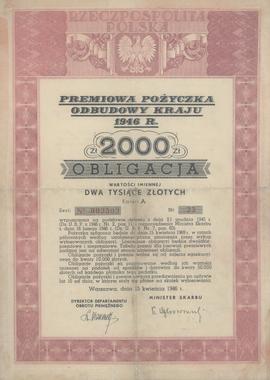 Premiowa pożyczka odbudowy kraju 1946 r. 2000 zł
