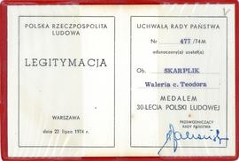 Legitymacja medalu 30-lecia Polski Ludowej