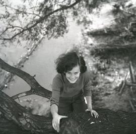 Młoda dziewczyna na drzewie obok rzeki