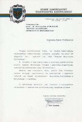 Pismo z Sejmiku Samorządowego Województwa Katowickiego
