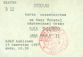 Karta uczestnictwa we Mszy Świętej odprawianej przez Ojca Świętego Jana Pawła II