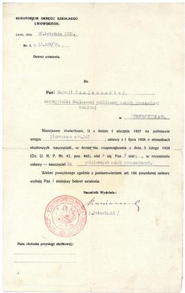 Dekret ustalenia Eugenii Czajkowskiej nauczycielką publicznych szkół powszechnych