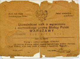 Podziękowanie za udział w wyzwoleniu Warszawy