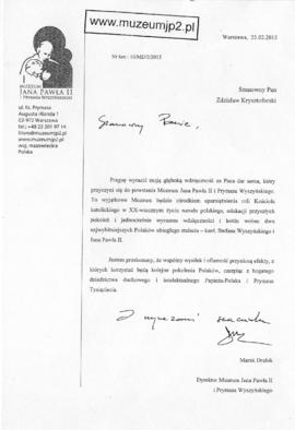 Zdjęcia: Podziękowanie z Muzeum Jana Pawła II i Prymasa Wyszyńskiego