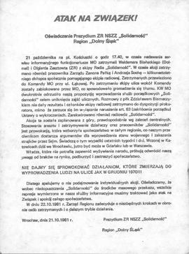 Atak na Związek! Oświadczenie Prezydium ZR NSZZ "Solidarność" Region "Dolny Śląsk&...