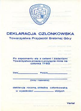 Deklaracja członkowska Towarzystwa Przyjaciół Srebrnej Góry