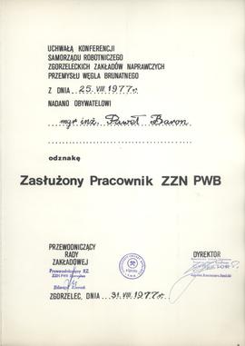 Zasłużony Pracownik ZZN PWB: dyplom odznaki