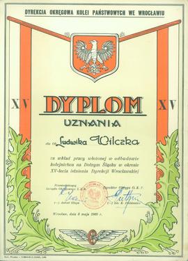 Dyplom uznania dla Ob. Ludwika Wilczka