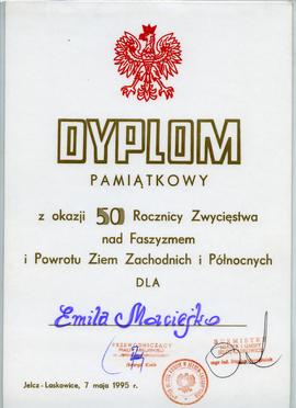 Dyplom Pamiątkowy z okazji 50 Rocznicy Zwycięstwa nad Faszyzmem i Powrotu Ziem Zachodnich i Półno...