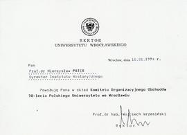 Pismo od Rektora Uniwersytetu Wrocławskiego