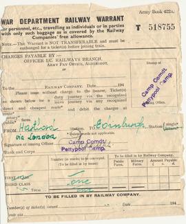 War Department Railway Warrant