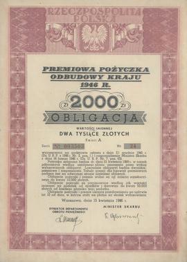 Premiowa pożyczka odbudowy kraju 1946 r. 2000 zł