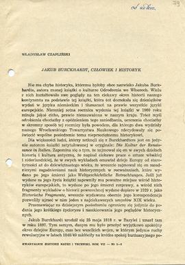Artykuł naukowy "Jakub Burckhartd, człowiek i historyk" profesora Czaplińskiego