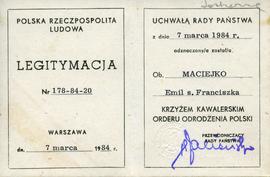 Legitymacja odznaczonego Krzyżem Kawalerskim Orderu Odrodzenia Polski Nr 178-84-20