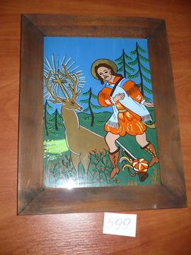 Obraz na szkle w drewnianej ramie  przedstawiający św. Huberta