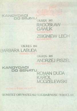 Kandydaci do Sejmu: Okręg 103 - Radosław Gawlik, mandat 405; Zbigniew Lech, mandat 404; Okręg 104...