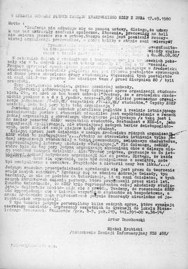 W sprawie uchwały plenum Zarządu Krakowskiego SZSP z dnia 17.09.1980
