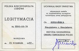 Legitymacja Krzyża Kawalerskiego Orderu Odrodzenia Polski