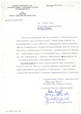 Pismo z Komisji Egzaminacyjnej dla Bibliotekarzy i Dokumentalistów Dyplomowanych przy Ministrze N...