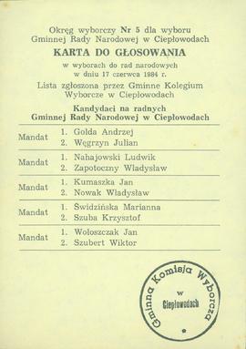 Karta do głosowania w wyborach do rad narodowych w dniu 17 czerwca 1984 r.
